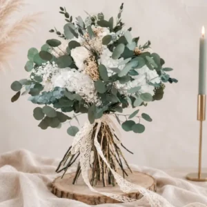 Großer Brautstrauß aus Infinity Rosen, konservierter weißer Hortensie, Schleierkraut und stabilisiertem Eukalyptus