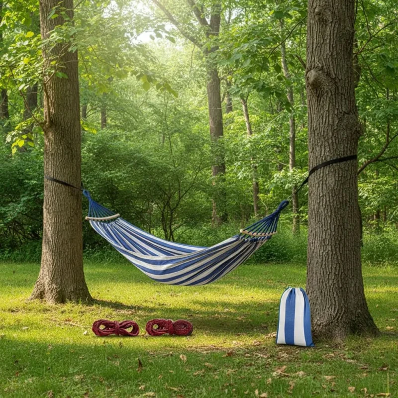 ComfortNest - Double Canvas Hammock with Curved Wooden Poles for Outdoor Relaxation 0