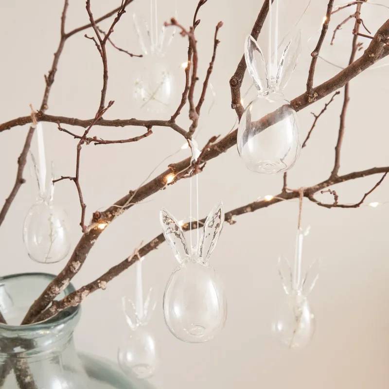 6er Set Ostereier mit Hasenohren aus Glas transparent