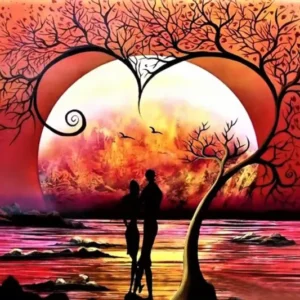 Diamond Painting Baum der Liebe mit romantischem Liebespaar vor einem Sonnenuntergang am See