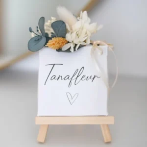Personalisierte Platzkarte – Mini-Leinwand mit Trockenblumen für deine Hochzeit & Feste