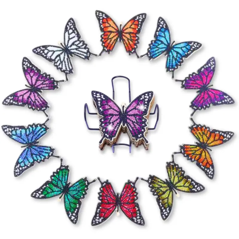 Diamond Painting Untersetzer Set mit bunten Schmetterling Motiven aus glitzernden Strass Steinen in Metallhalterung