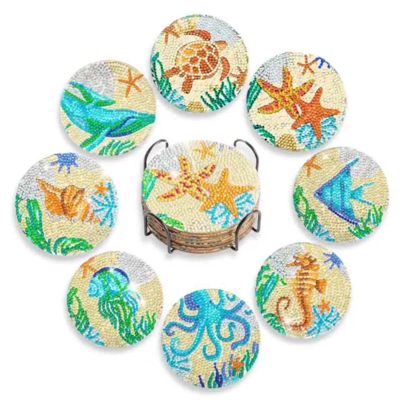 Diamond Painting Untersetzer Set mit Meerestiere-Motiven aus funkelnden Strasssteinen inklusive Halter