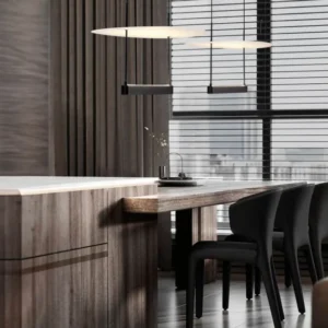 Diona LED Pendelleuchte Ø 40cm Schwarz, Weiß über modernem Esstisch in elegantem Interieur