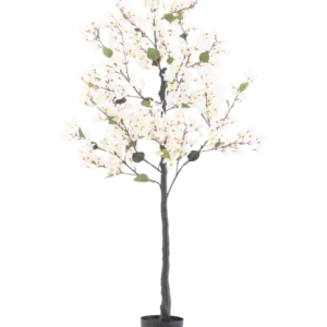 Die künstliche Bougainvillea 150 cm weiß ist ein hoher Kunstbaum mit weißen Blütenlichtern und grünen Blättern, in einem schwarzen zylindrischen Topf vor einem schlichten weißen Hintergrund.