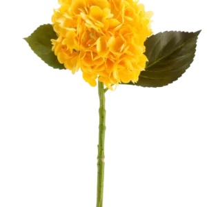 Die Kunstblume Charlotte Hortensia Real Touch in Gelb, 55 cm, ist eine einzelne künstliche Hortensienblume mit grünen Blättern und einem langen Stiel vor einem weißen Hintergrund.