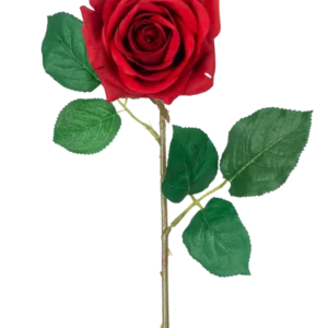 Die künstliche Rose „Emine“ Real Touch Red 43 cm hat eine einzelne rote Rose mit leuchtend grünen Blättern an einem langen Stiel vor einem schlichten weißen Hintergrund.