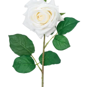 Die künstliche Rose „Emine“ Real Touch White 43 cm hat eine einzelne weiße Rose mit geschichteten Blütenblättern und grünen Blättern an einem langen Stiel vor einem schlichten weißen Hintergrund.