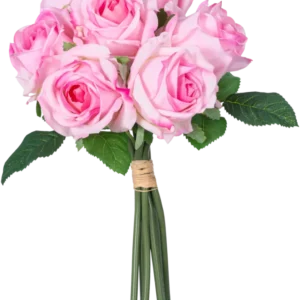 Ein künstlicher Rosenstrauß aus 7 echten rosa Rosen (30 cm) mit grünen Blättern, mit Bindfaden zusammengebunden und vor einem weißen Hintergrund fotografiert.
