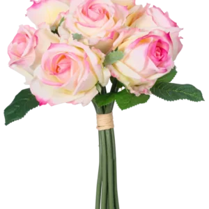 Der künstliche Rosenstrauß 7 Rosen Real Touch Creme/Pink 30 cm besteht aus sieben cremefarbenen und rosafarbenen Kunstrosen mit grünen Blättern und langen Stielen, die mit einem braunen Band zusammengebunden und vor einem weißen Hintergrund dargestellt sind.