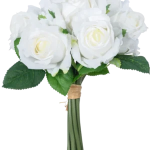 Der künstliche Rosenstrauß 7 Rosen Real Touch White 30 cm besteht aus einem Strauß weißer Kunstrosen mit grünen Blättern, deren Stiele durch ein braunes Gummiband gebunden sind, dargestellt vor einem schlichten weißen Hintergrund.