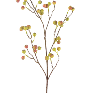Die Kunstblume Weißdornbeere 104 cm grün/rot hat einen schlanken braunen Stiel mit mehreren Zweigen, die jeweils mit Büscheln kleiner grüner und roter Beeren vor einem weißen Hintergrund verziert sind.