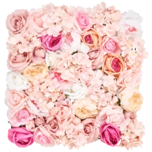 De Kunsthaag Bloemen 50x50 cm lichtroze heeft een vierkant arrangement van kunstrozen en hortensia's in zachtroze, perzik, wit en crèmetinten, dicht opeengepakt voor een weelderige bloemenpracht.