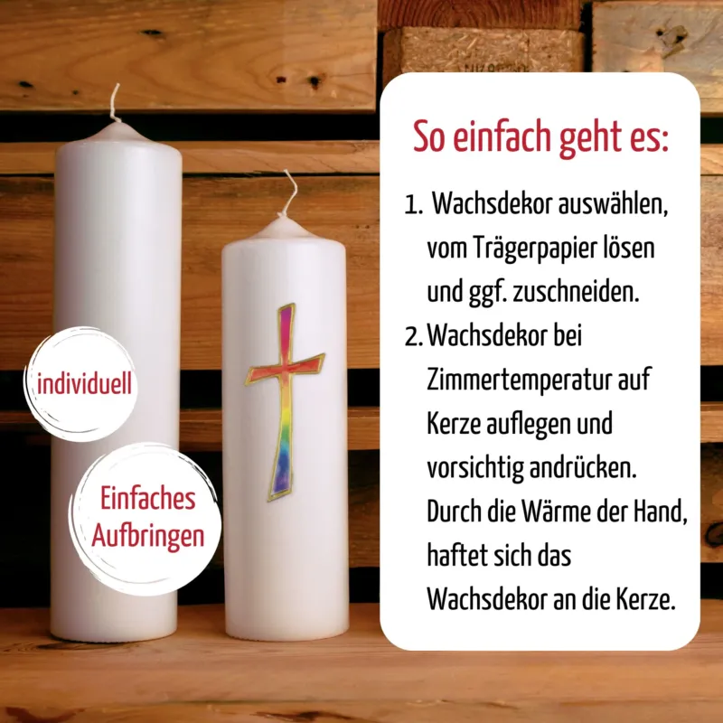 Wachsdekor Kreuz Regenbogen | Kerzen verzieren | Kerzen gestalten | Wachs | Wachsplatten | Taufe | Hochzeit