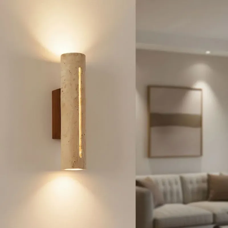 Elegant Travertine Wall Sconce Light - Natural Stone & Wood Wall Lamp for Living Room and Bedroom Decor 3
