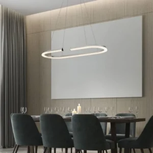Elmo LED Pendelleuchte Ø 90cm 3500K Chrom über dem Esstisch im modernen Esszimmer