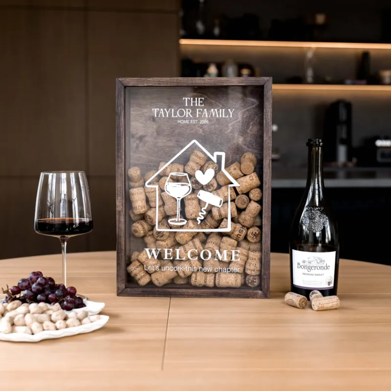 A personalized wooden wine-themed framed sign on a wooden table, surrounded by a glass of red wine