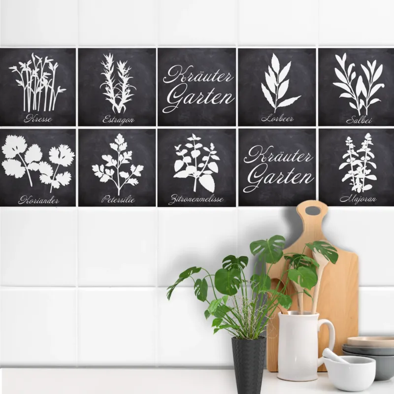 Fliesenaufkleber Küche mit Kräuter Garten und Grau Optik