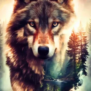 Diamond Painting Wolf im mystischen Wald mit leuchtendem Fell, detailliertes kunstvolles DIY-Set für Erwachsene