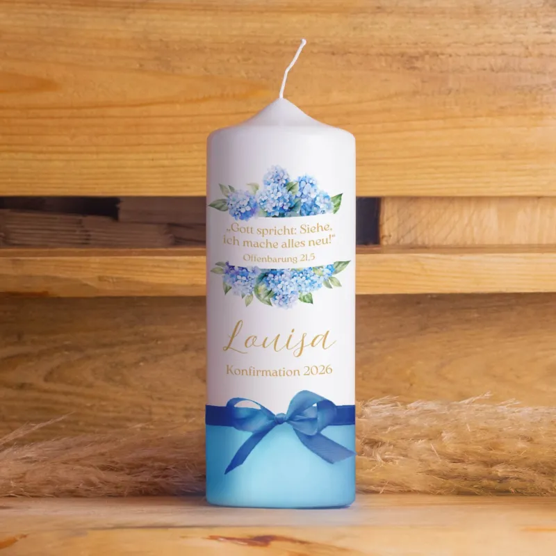 Personalisierte Konfirmationskerze Hortensie