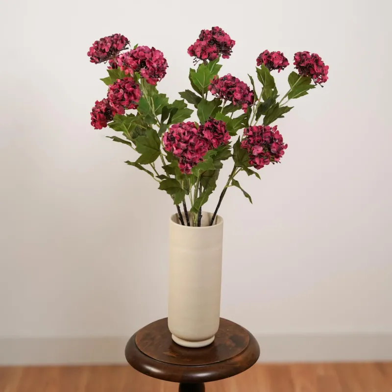Hortensia artificiel rouge 3 têtes, vue d'ensemble de la branche - Flowrette