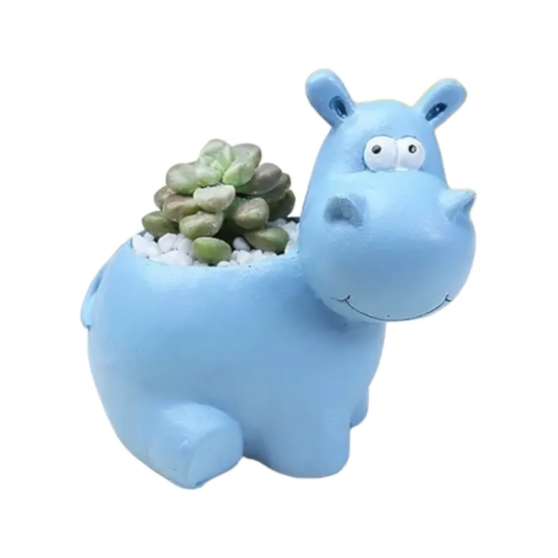 NILPFERD – Tierblumentopf für Innenbereiche, Kunstharz, Blau, Ø 8 cm, mit Drainageloch