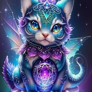 Diamond Painting Set Mystical Kitty mit leuchtenden Steinen: Magische Katze in Blau-Violett als 40x60cm Kunstwerk.