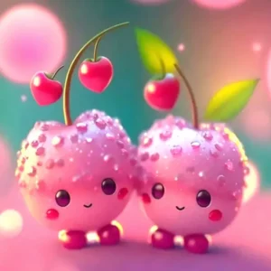Diamond Painting Set Sweet Cherrys: Verspielte Kirschen in Rosa mit glitzernden Steinen auf zartem Hintergrund