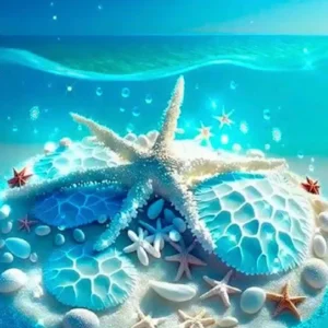 Diamond Painting Blaue Meeressymphonie mit leuchtenden Seesternen und Muscheln im kristallklaren Wasser in 40x60cm