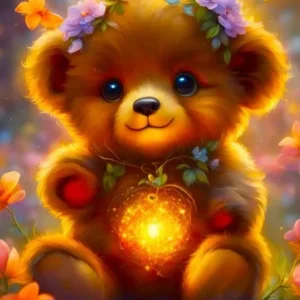 Diamond Painting Set Leuchtbär mit buntem Teddybär, Blumen und leuchtendem Herz, glitzerndes DIY-Kunstwerk