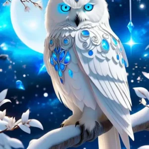 Diamond Painting Set weiße Fantasy-Eule mit leuchtend blauen Augen auf einem Ast vor Vollmond bei Nacht