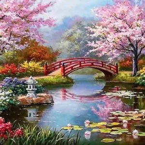Diamond Painting Set Chinesischer Garten mit blühenden Bäumen, Brücke und Teich im 40x60cm Landschafts-Design