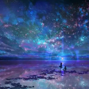 Diamond Painting Set Ozean trifft Universum mit funkelnden Sternen, Galaxie und silhouettiertem Paar am Meer.