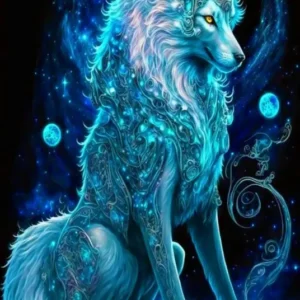 Diamond Painting Set Verzauberter Wolf mit leuchtenden Steinen im Fantasy-Design für kreative DIY-Kunstwerke