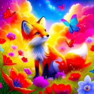 Süßes Diamond Painting Set für Kinder mit einem sitzenden Fuchs, bunten Blumen und Schmetterlingen im Zauberland