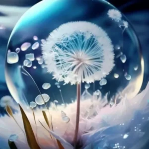 Diamond Painting Set Pusteblume in Eiskristall-Glaskugel mit leuchtenden Steinen in einer winterlichen Schneelandschaft