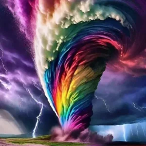 Diamond Painting Wirbelsturm der Farben mit buntem Tornado über einer Blumenwiese im Gewitter