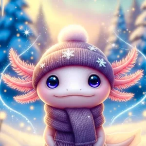 Niedlicher Axolotl im Winter mit Mütze und Schal als funkelndes Diamond Painting Set vor verschneitem Winterwald.