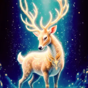 Diamond Painting Set Herr der Wälder: Majestätischer Hirsch mit goldenem Geweih in einer magischen Fantasy-Wald-Szene.