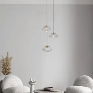 King Pendelleuchte 3-flammig Ø 25cm Gold, Transparent – dekorative Glas-Metall-Deckenleuchte in Messingoptik