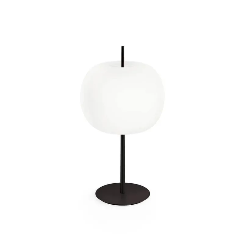 Kundalini Opalglas Tischleuchte Kushi XL 61cm mit Dimmer auf schwarzem Fuß, runde weiche Form.