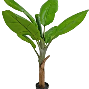 Die künstliche Bananenstaude 120 cm ist eine Topfbananenpflanze mit großen, leuchtend grünen Blättern und einem dicken braunen Stiel vor einem weißen Hintergrund.