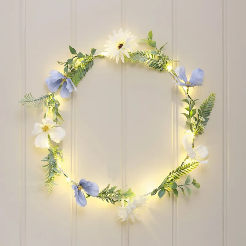 Weißer / blauer LED-Blumenkranz mit warmweißen Mikro-LEDs & Timer