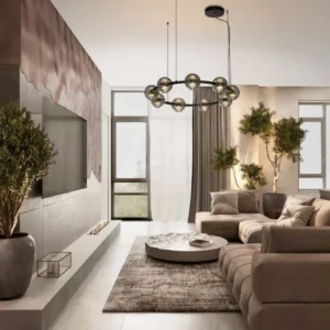 Las LED Pendelleuchte 9-flammig Ø 91cm 3000K Schwarz, Gold in modernem Wohnzimmer mit Sofa