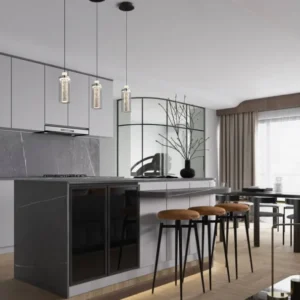 Lune LED Pendelleuchte Ø 12cm 3000K Schwarz, Chrom über Kücheninsel in moderner Glamour-Küche