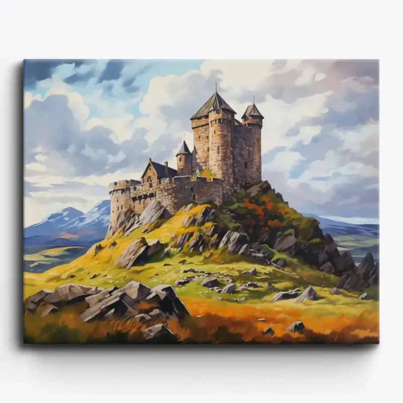 Malen nach Zahlen für Erwachsene: Wächter der Berge, Burg auf Felsenhügel mit goldenem Gras und blauem Wolkenhimmel.