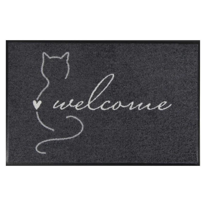 Fußmatte waschbar Welcome Katze mit Rand anthrazit
