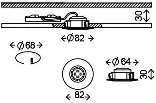 Maße LED Einbaustrahler – 68 mm Einbauöffnung und 82 mm Außendurchmesser