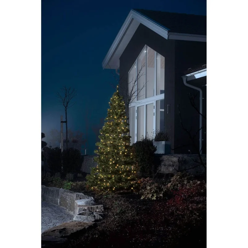 16m Micro LED kompakt System Basis-Set: 100 bernsteinfarbene Dioden 31V IP44 am beleuchteten Baum vor Haus.
