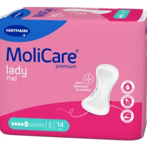 Ein Paket mit MoliCare Lady Pads, das auf einem hellen Hintergrund abgebildet ist. Die Vorderseite des Pakets zeigt die Aufschrift "MoliCare Lady Pad" sowie Hinweise zur Saugstärke und Anwendung. Die Verpackung ist in sanften Farben gehalten, hauptsächlich in einem zarten Lila und Weiß. Die Pads sind für die Bedürfnisse von Frauen konzipiert und bieten Schutz bei leichter bis mittlerer Inkontinenz.